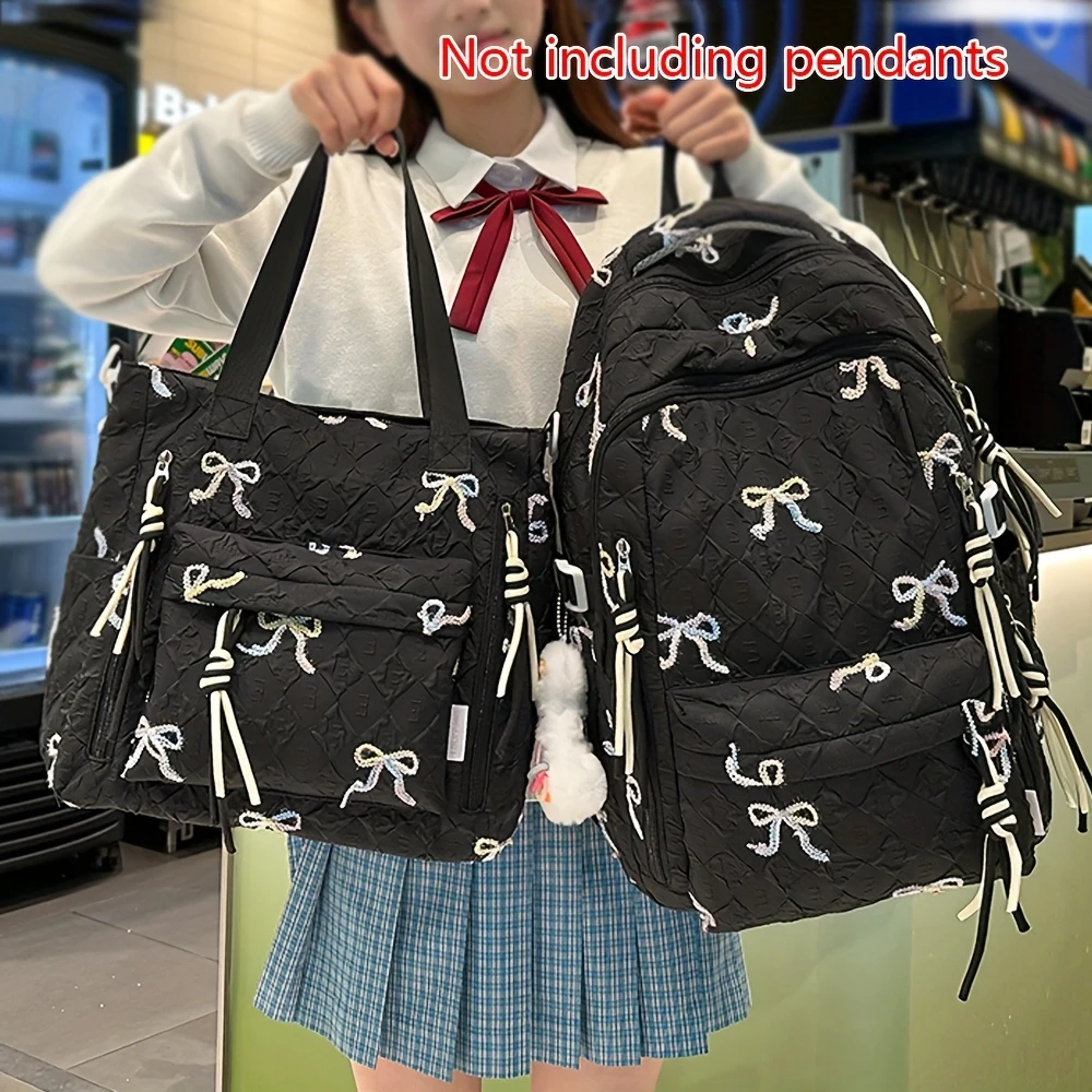 

Cute Bow Embroidery Quilted Backpack & Tote Set, Large Capacity Multi-pocket School Bag for Students, Daily Commute & Travel