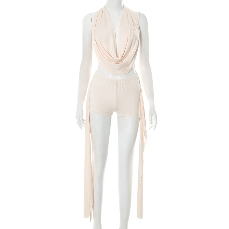 European and American women's spring summer hanging neck stacking design tied rope top ribbon knotting three part set shorts set