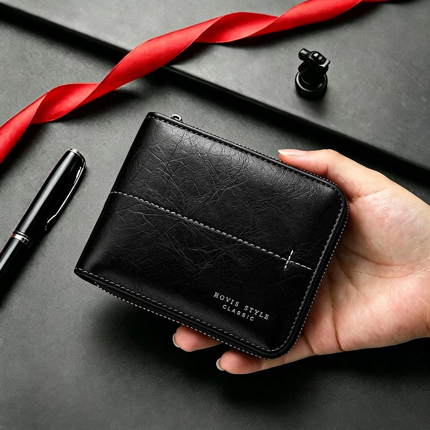Men's Vintage PU Leather Bifold Short Wallet, Zipper Around Purse with Coin Pocket, Multi Card Slots ID Window Business Wallet