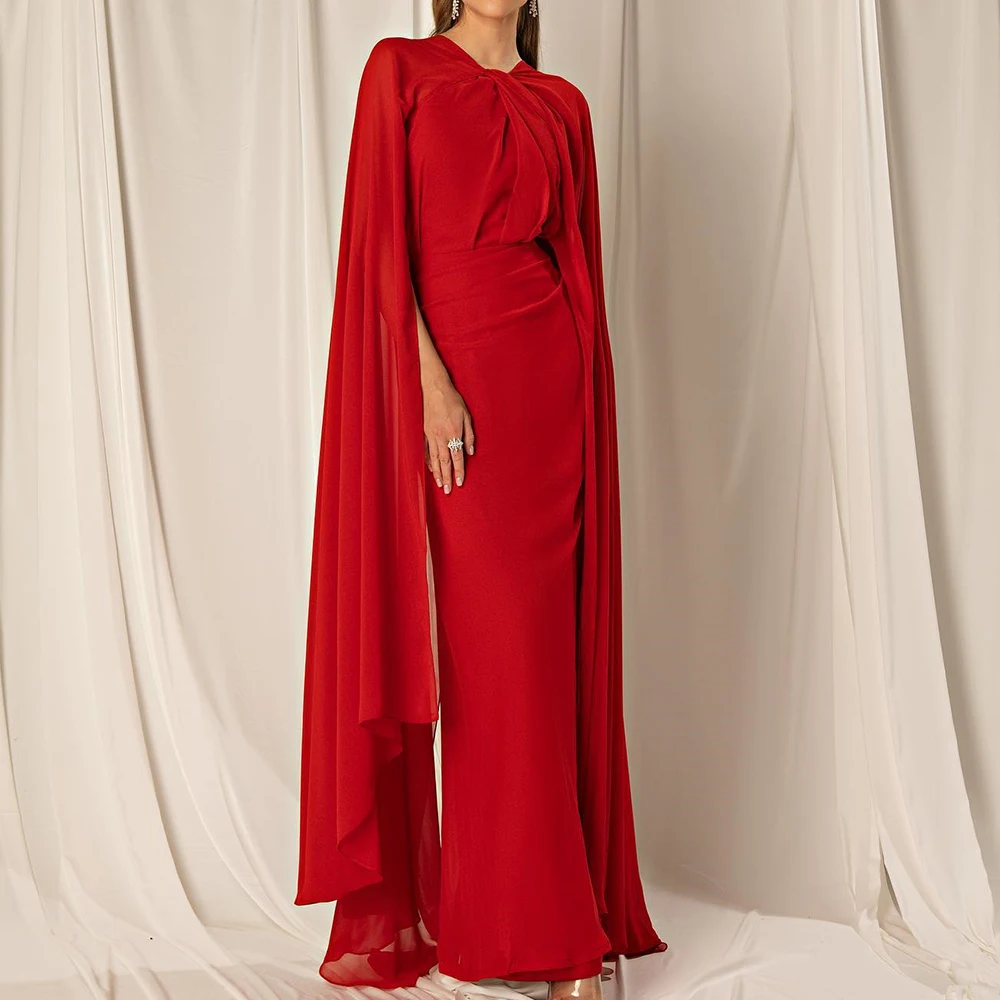 Customized Chiffon Straight Cap Sleeve Evening Dress O-neck Sleeveless Floor Length Watteau Train Red Delicate Party Gowns