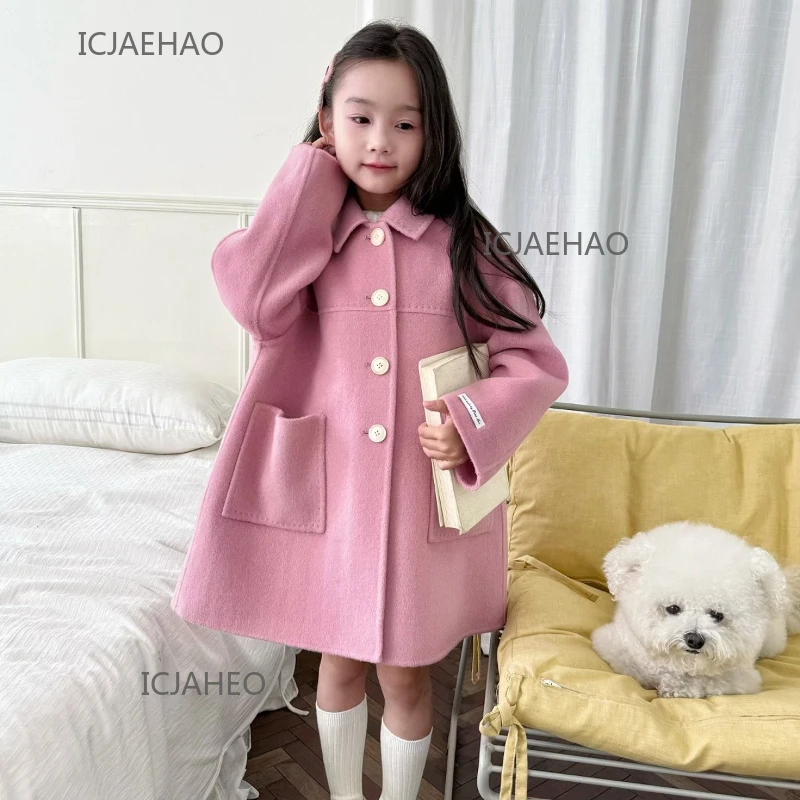 Teen Girl Clothes Children Wool Double Faced Girls Peach Matching Winter Kids Outerwear Clothes Pink Coat Costume Handmade Cute