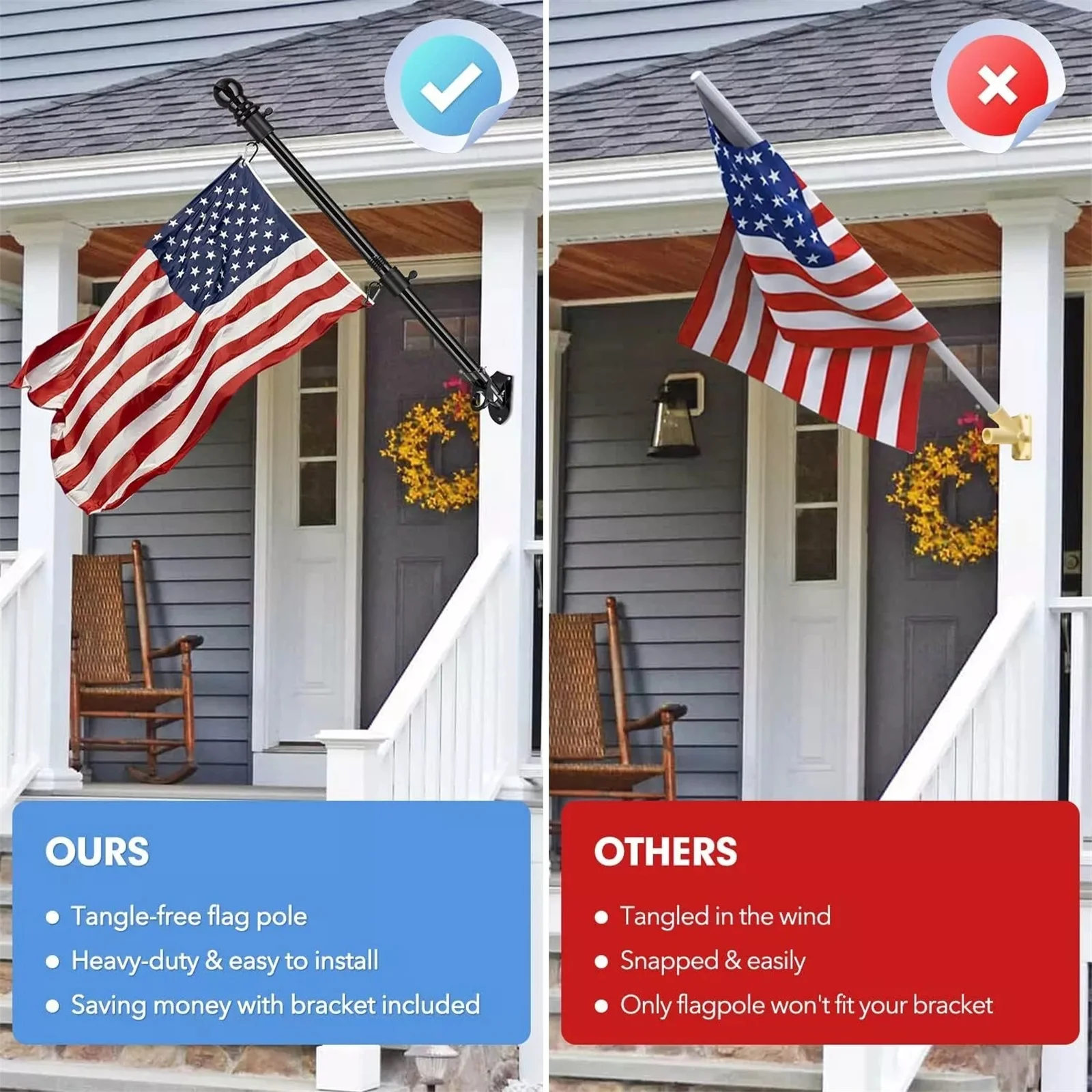 6FT Flag Pole Kit Heavy Duty Bracket Metal Pole With 2 Rotating Rings