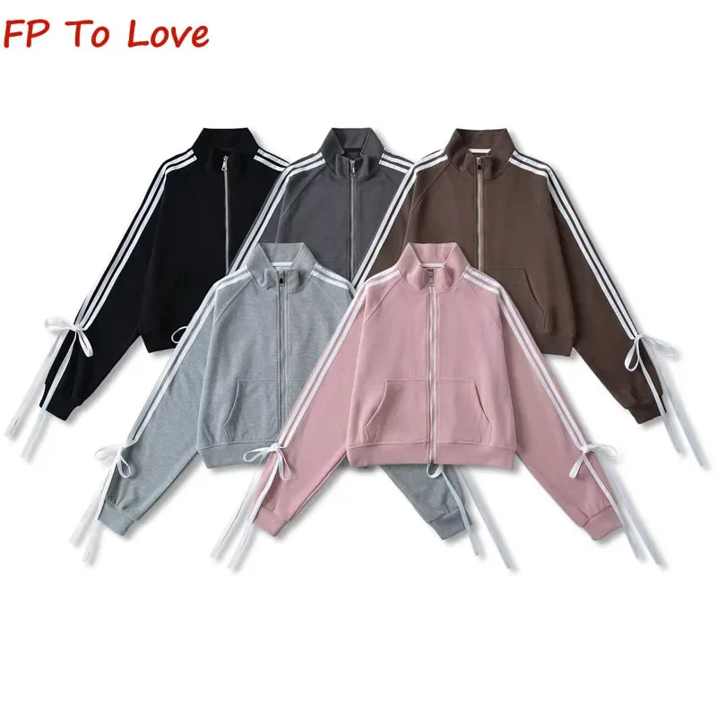 2024 Spring Autumn Sweet Side Pull Stripes Bow Tops Standing Collar Loose Sports Jacket Zip Cardigan