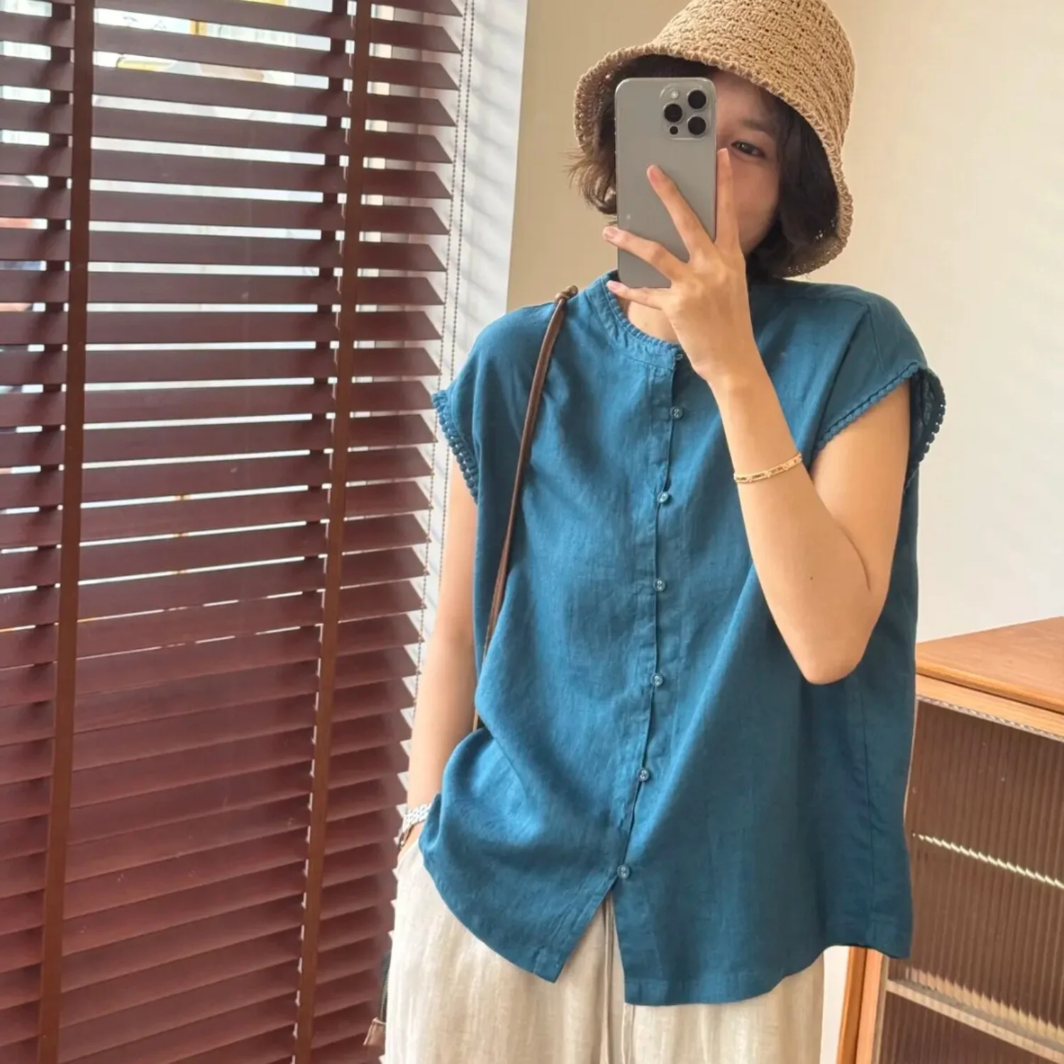 

Loose Fit Korean Style Women's Summer Shirt Jacket Cotton Linen Stand Collar Breathable Comfortable Short Sleeve Casual Top