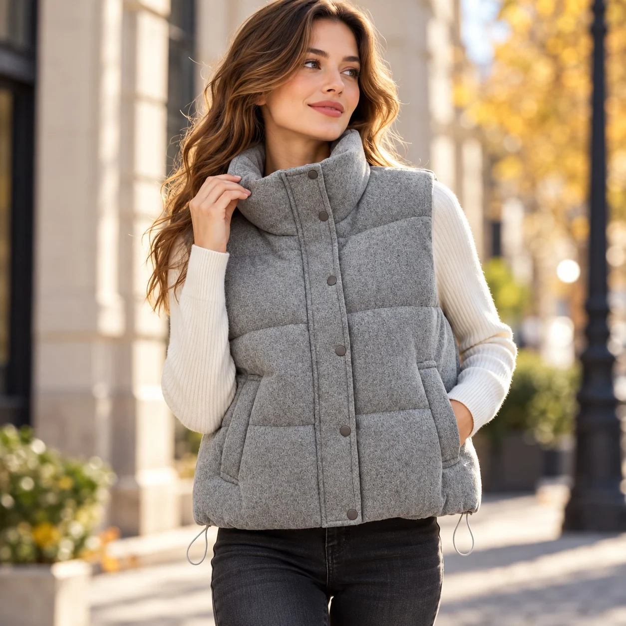 Stand Collar Pockets Vest Short Length Loose Fit with Elegant Professional European and American Style Women Vest Spring