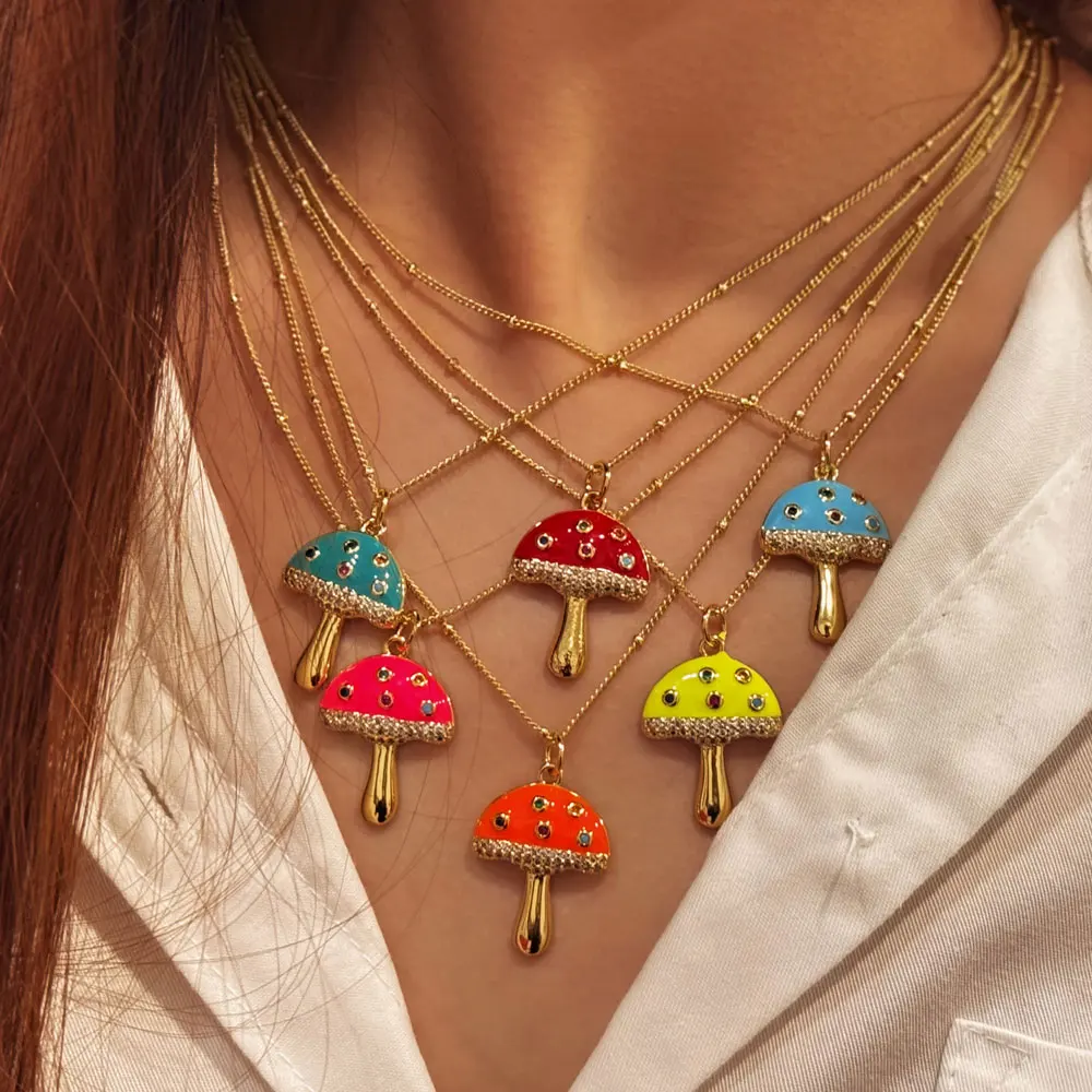 2024 Retro Versatile Copper Rainbow Zircon 6-Color Mushroom Pendant Necklace Men Women Bohemian Style Jewelry