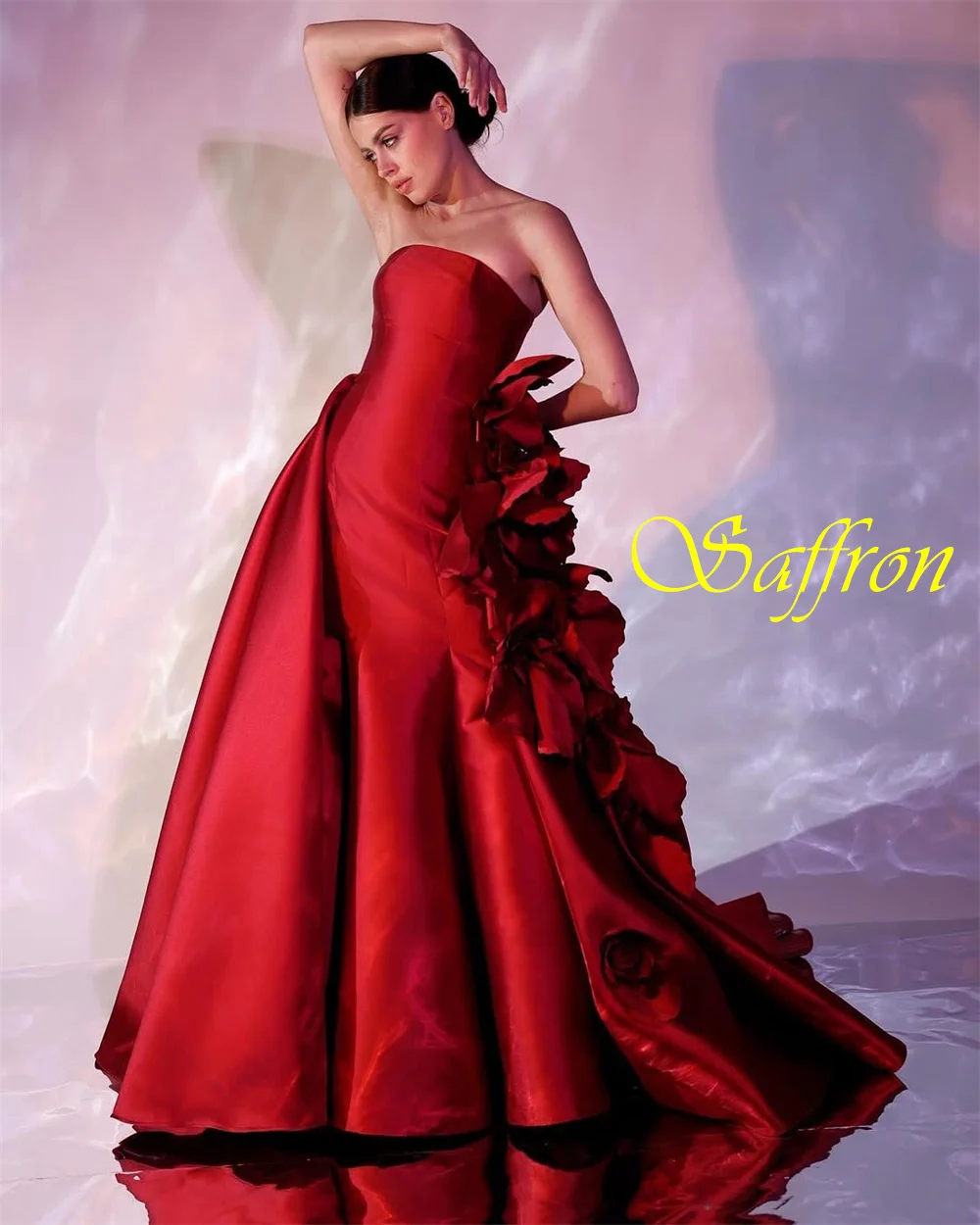 فستان سهرة أنيق مخصص بدون حمالات من الساتان كلاسيكي على شكل حرف a فساتين حفلة موسيقية موضة الزهور فساتين المناسبات الخاصة