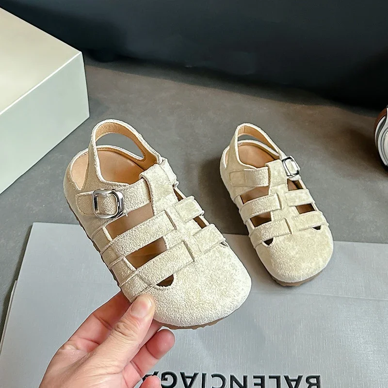 1-12Y Children's Sandals Toe Protect Boys Girls Summer 2026 New Soft Sole Shoes Kids Casual Retro Flat Leather Sandals for girls