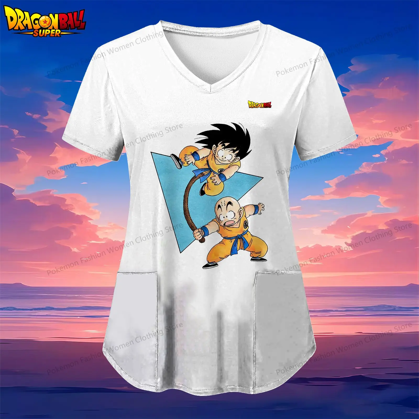 

Dragon Ball Kakarotto Women's V Neck Nurse Uniform T-Shirt Pocket Kawaii Youthful Woman Clothes Short Sleeve Tee Tops Summer Y2k