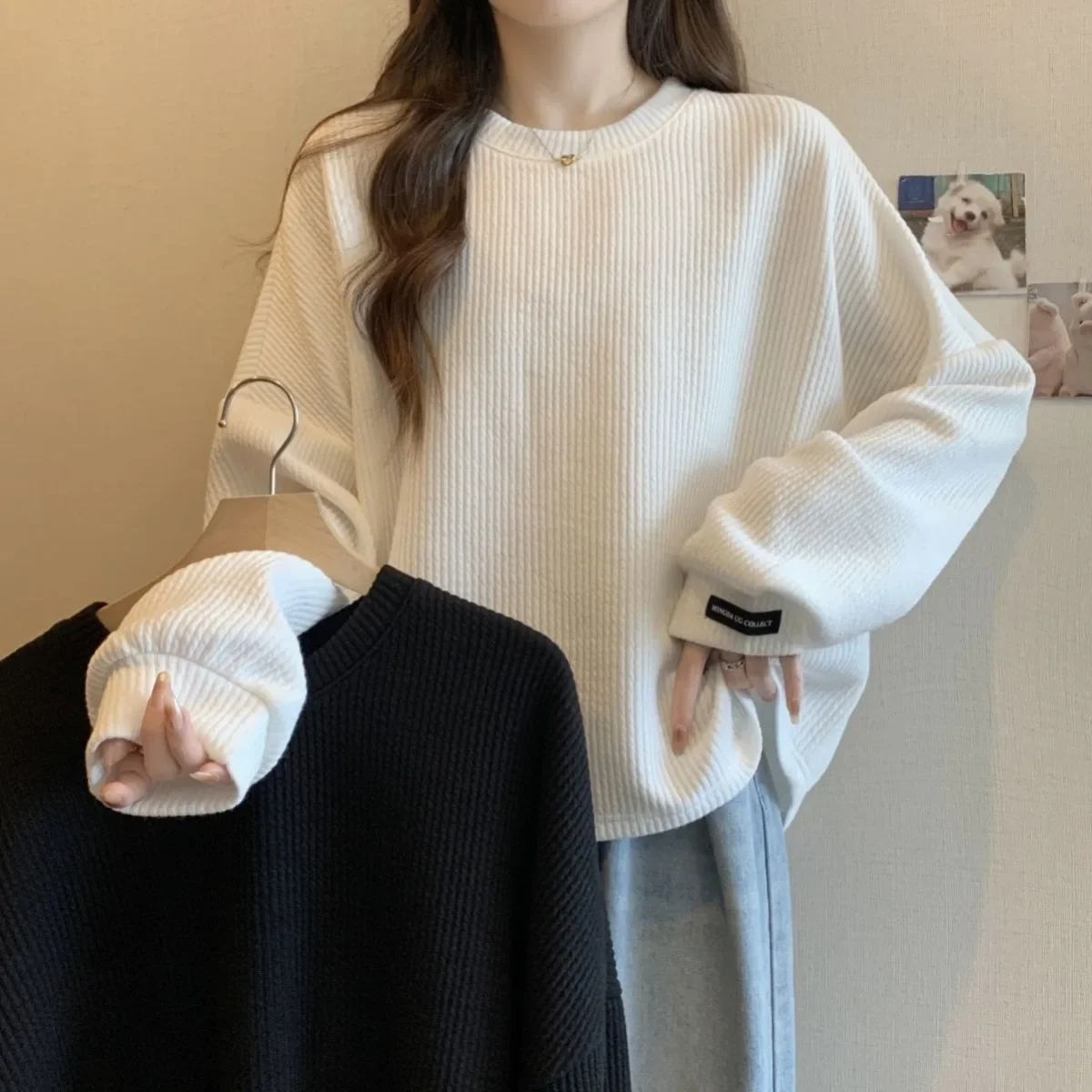 

Large Pit Stripe Korean Underlay Shirt for Women Autumn and Winter New Loose Slim Simple and Warm Long Sleeve Top Ins Clothes