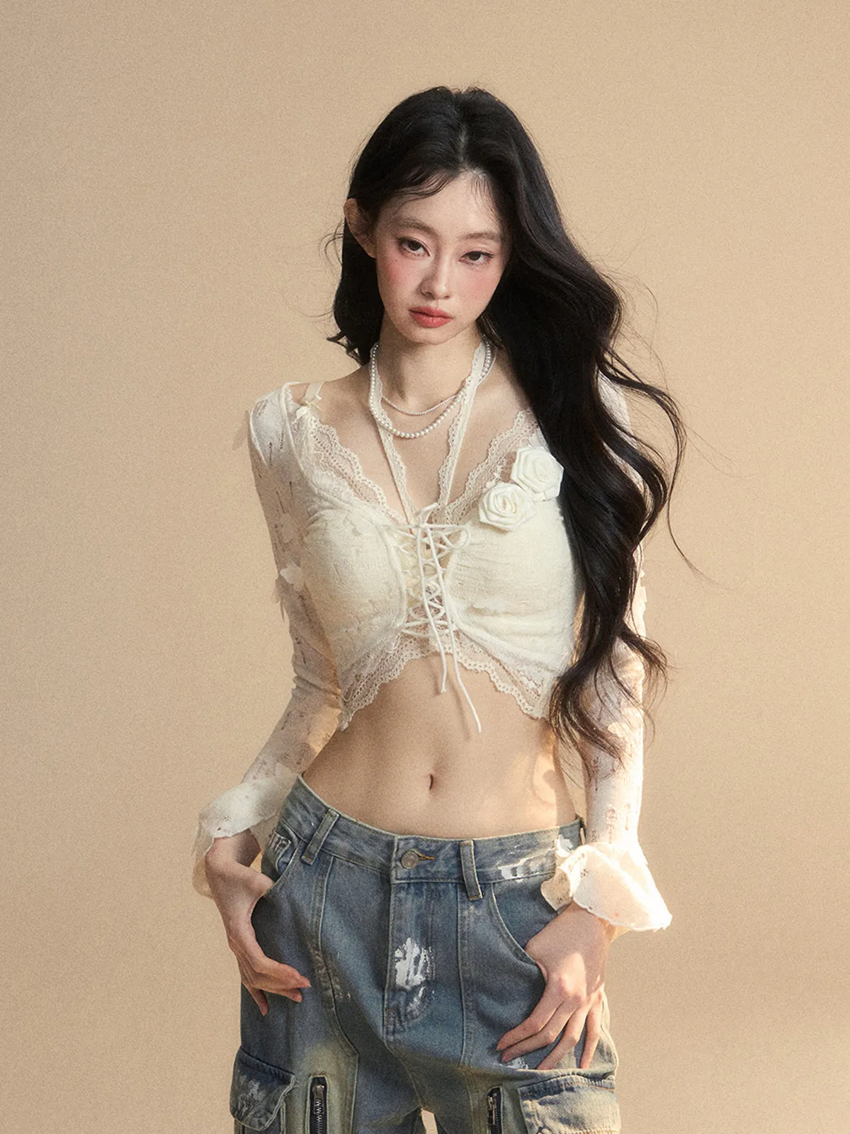 

AOMALM Pure Desire Lace Hollow Ne Knitted Long Sve T-irt Women Summer Cute Sle Casual Color Polyester Fiber