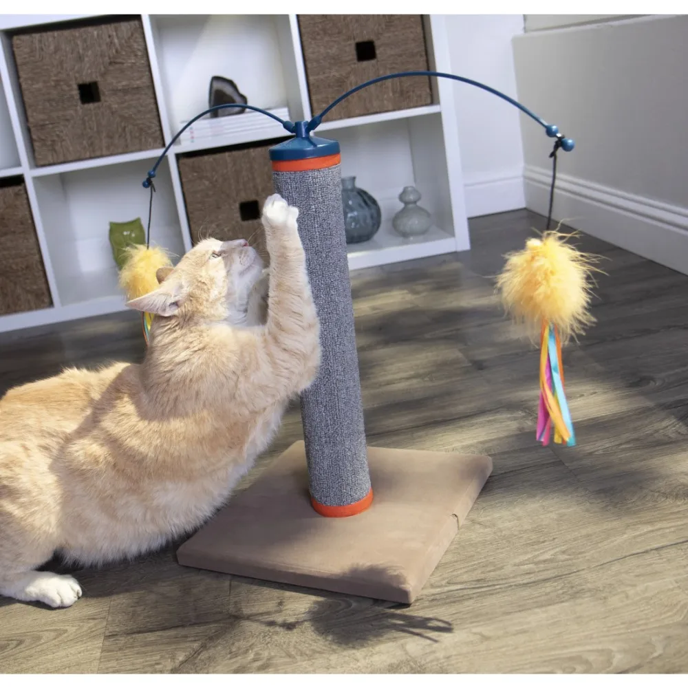 

Carpet Cat Scratching Post with Interactive Spinning Wand Cat Toys, Keeps Furniture Scratch-Free