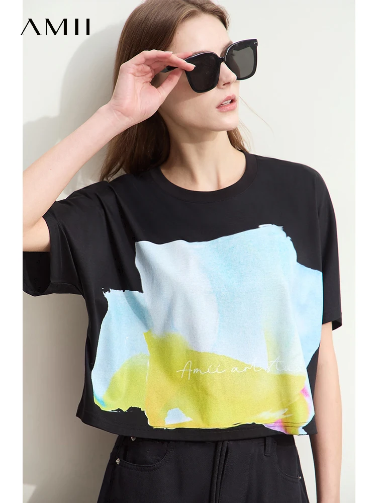 

Amii Minimalism 2024 T-Shirts For Women Summer New Casual O-neck Ink Contrast Stitching Short Graphic T Shirts Female 12442176