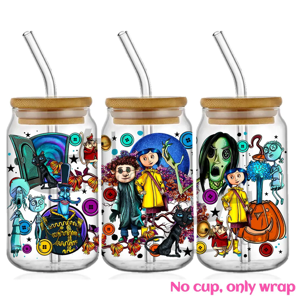 Coral Button Eyes Doll UV DTF 16oz Libbey Cup Wrap Transfer Sticker For Plastic Libbey Glass Can Tumbler  Cup Not Included