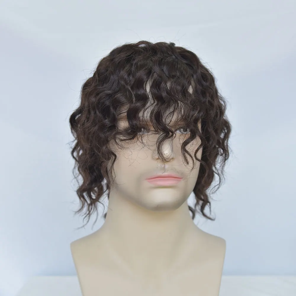 Perruques Full Lace Wigs sans colle pour hommes, Mono Lace Top, Perruque courte bouclée, Perruques de cheveux humains à vague profonde, Marron, Mode masculine