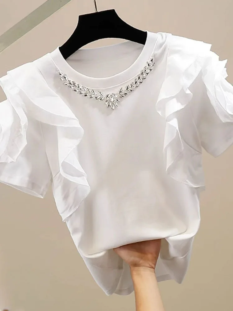 

Women Hollowing Out Embroidery Ruffles Patchwork T-shirt Korean Version O-Neck Short Sleeve Loose Tees Spring 2024