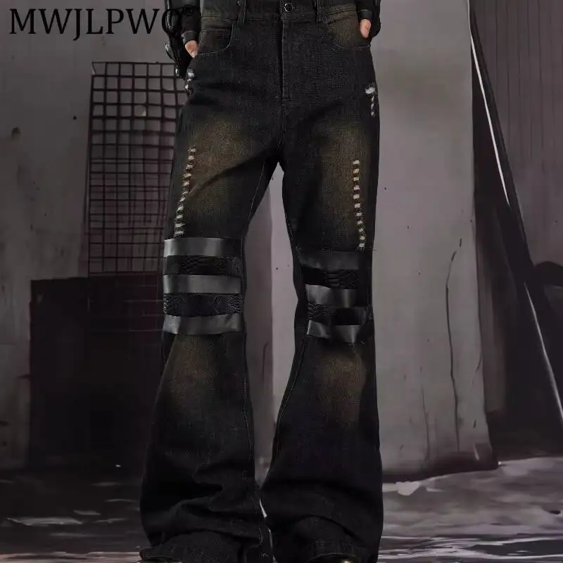 Calça Jeans Masculina MWJLPWQ Estilo Dark Rasgada com Tiras, Nova Coleção Outono, Slim Fit, Tendência High Street para Homens e Mulheres 20317