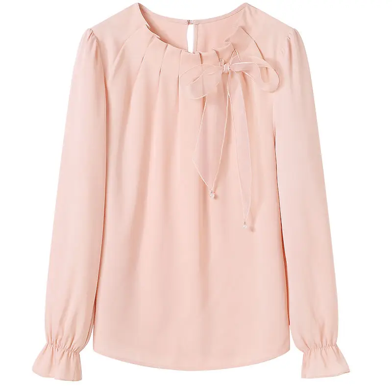 Casual Solid Color Butterfly Bow Sense of Design Blouse Women Long Sleeve O-collar All-match Pleated Chiffon Pullover Shirt 2023