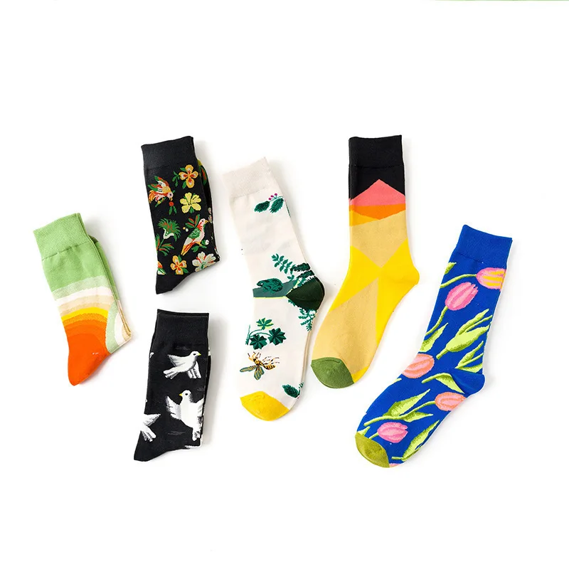 1 Pair Couple Socks Harajuku Style Art-painted Flower Plant Pigeons Suit in All Seasons For Daily Dress Streetwear