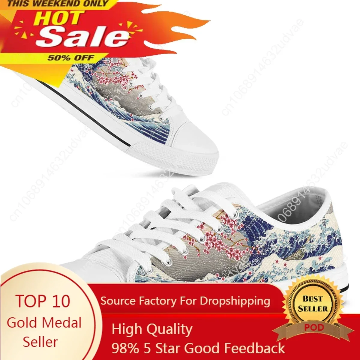 The Great Wave Saruka Flower Women Casual Flat Shoes Lace-up Loe Top Canvas Sneakers Big Size 45/46