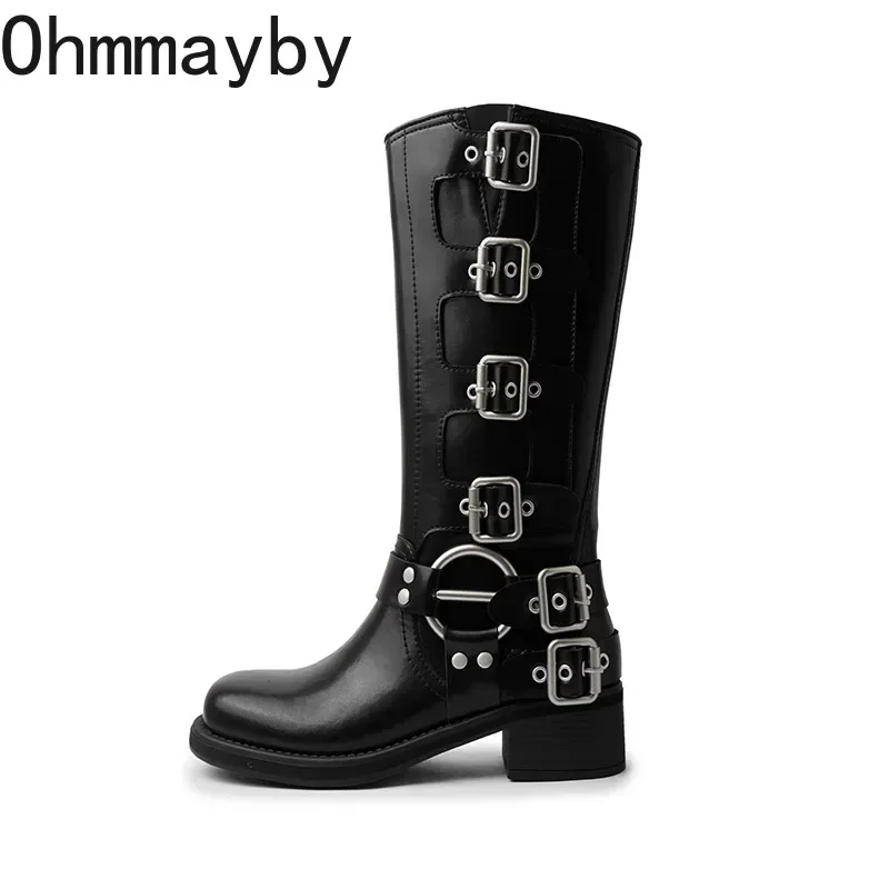 Designer Autumn Winter Women Knee High Boots Fashion Ladies Belt Buckle Knight Long Boots Women\'s Square Heel Shoes