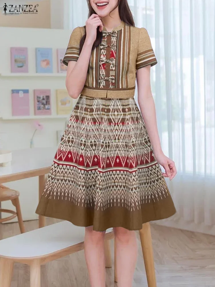 2025ZANZEA Vintage Frauen Druck Kleider Kurze Puff Sleeve Casual Urlaub Partei Sommerkleid Mode Stehen Kragen Lose Vestidos Robe