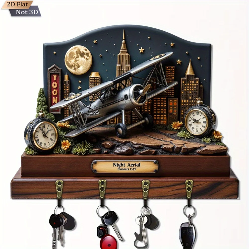 A Vintage 2D Plane City Night Scene Wooden Multifunctional Key Holder for Home Use, Featuring Four Metal Hooks, Suitable for