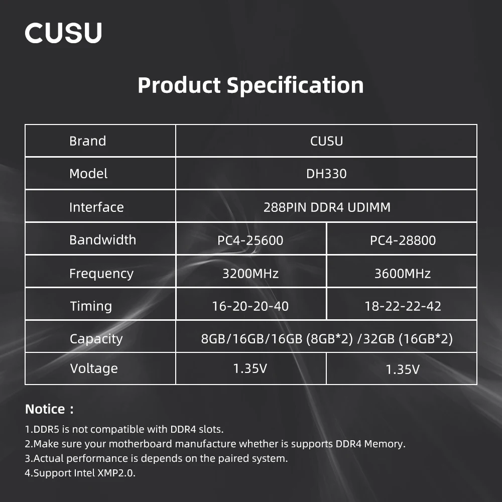 CUSU Memoria Ram DDR4 3200mhz 3600mhz 8GB 16GB 288pin 1.35V UDIMM Desktop ddr4 Ram Memory