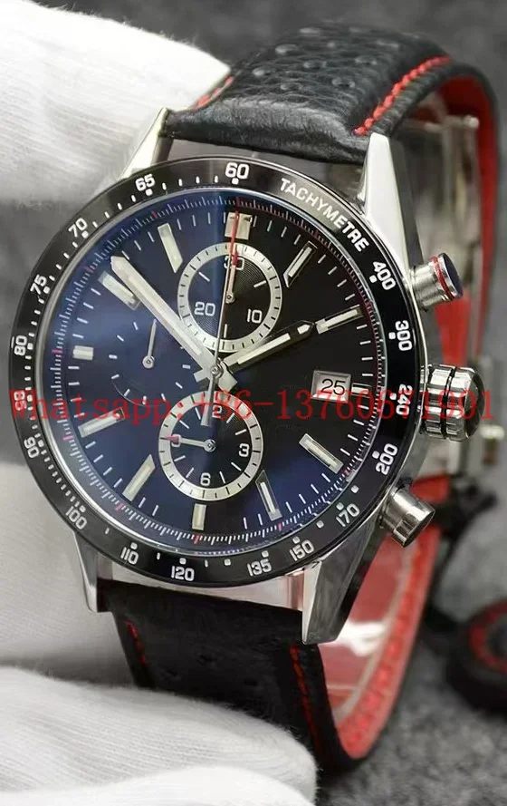 Luxury New Mens Quartz Chronograph Watch Black Blue Ceramic Leather Stopwatch Stainless Steel Luminous Sapphire