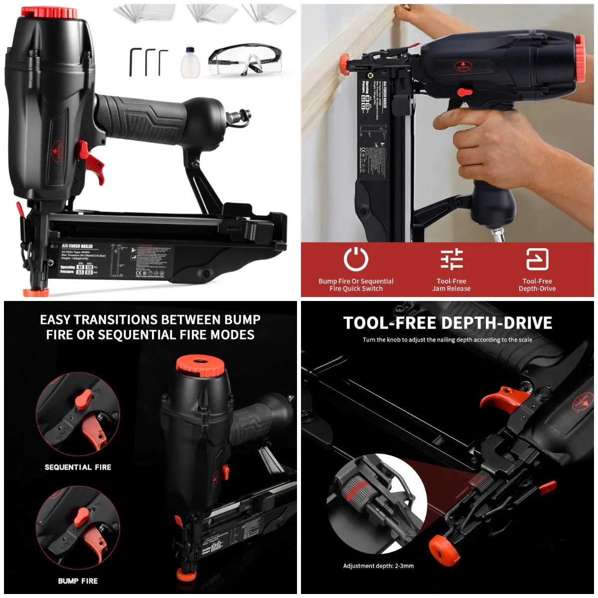 

Пневматический пистолет для гвоздей калибра 16 метров, 90 гвоздей/мин, длина 1–2,5 дюйма, регулировка глубины без инструментов