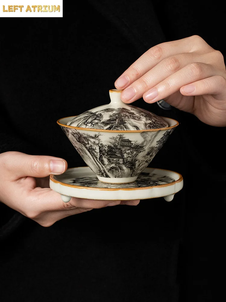 130ML Ru Kiln Landscape Porcelain Gaiwan Set For Tea Tureen Teaware Cup Chinese Yellow Ceramic Opening Tea Bowls Tea Ceremony