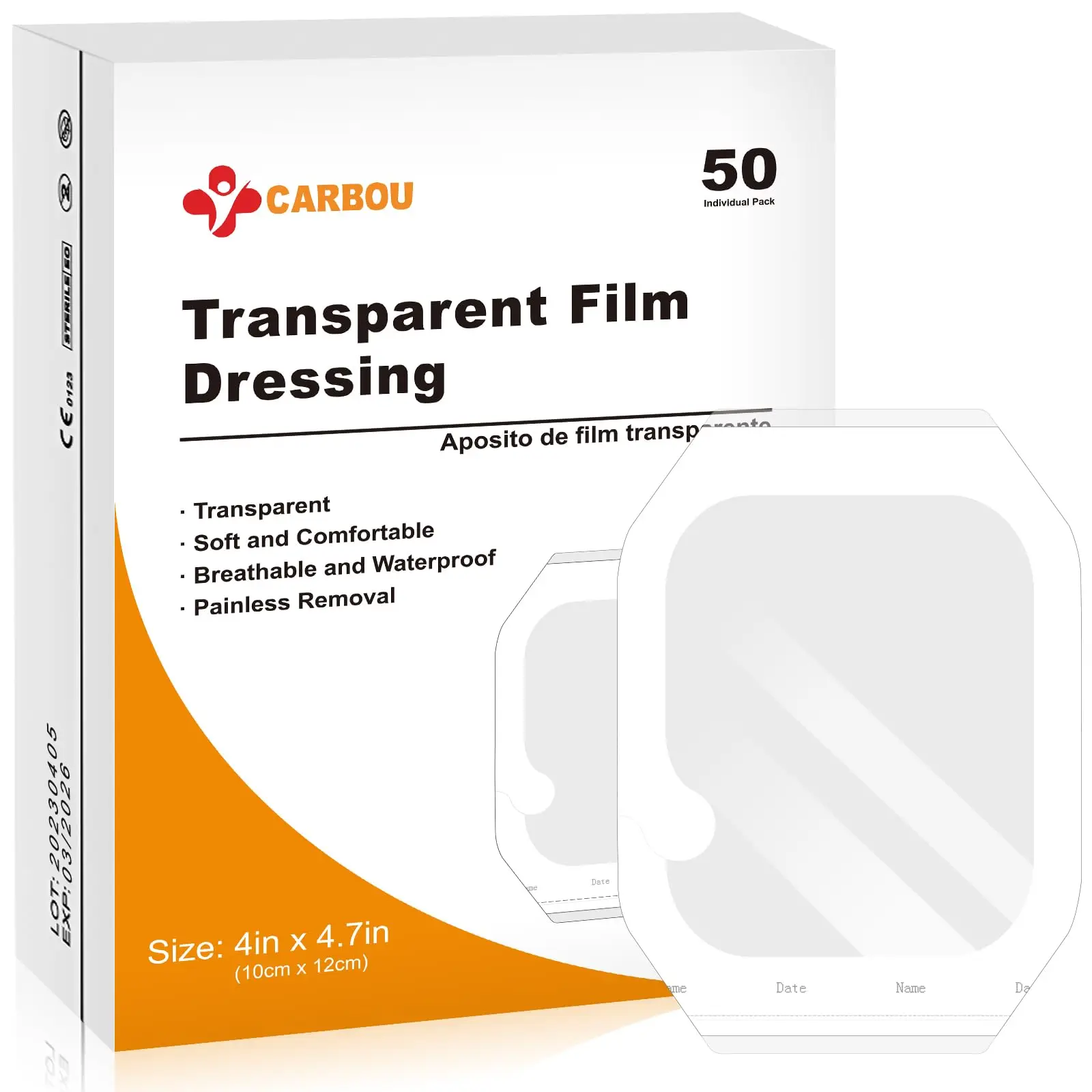 

Carbou Transparent Film Dressing,4" x 4.7" Pack of 50 Waterproof Wound Bandage Adhesive Patches Tattoo Aftercare Bandage