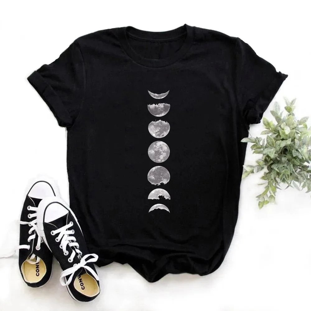 2022 Fashion Moon Phase Print T Shirt Women Black Shirts Casual Round Neck Short Sleeved T-Shirt Summer Tees Casual Top