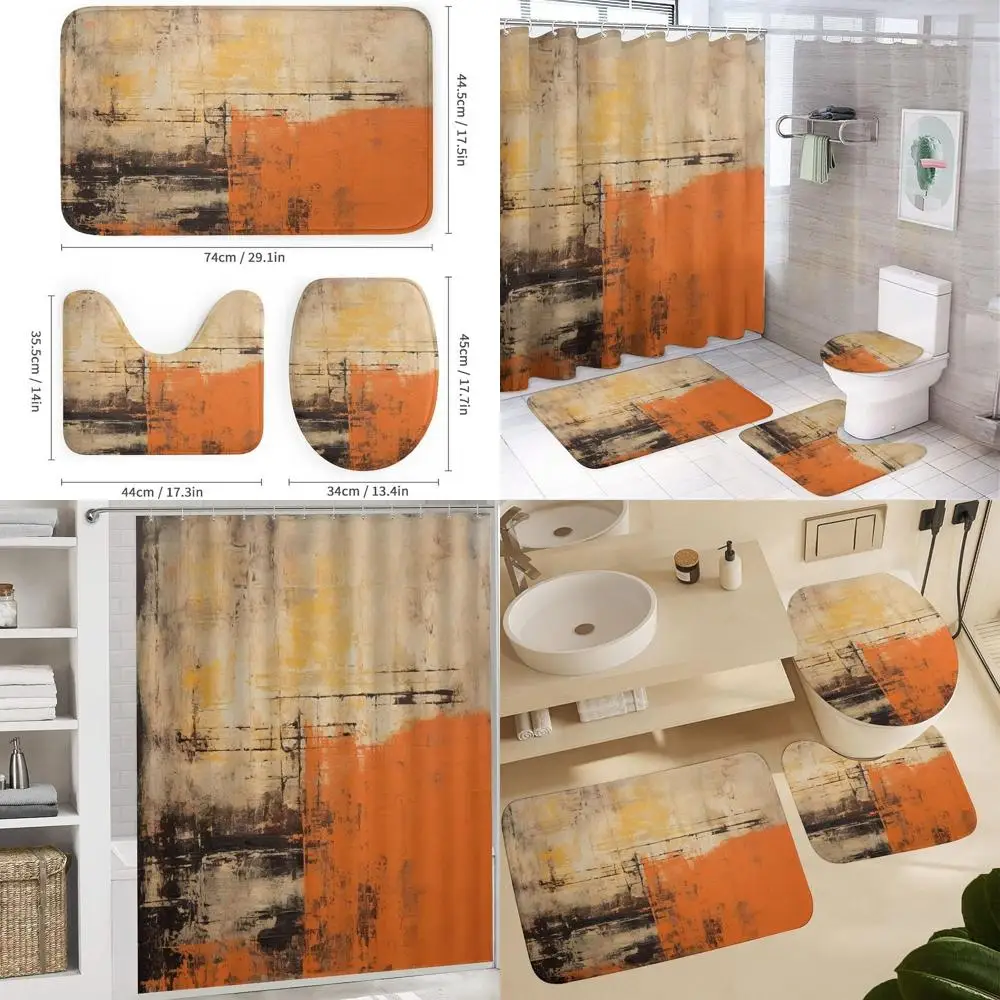 

Rustic Orange & Brown Abstract 4-Piece Bathroom Set with Shower Curtain & Rugs