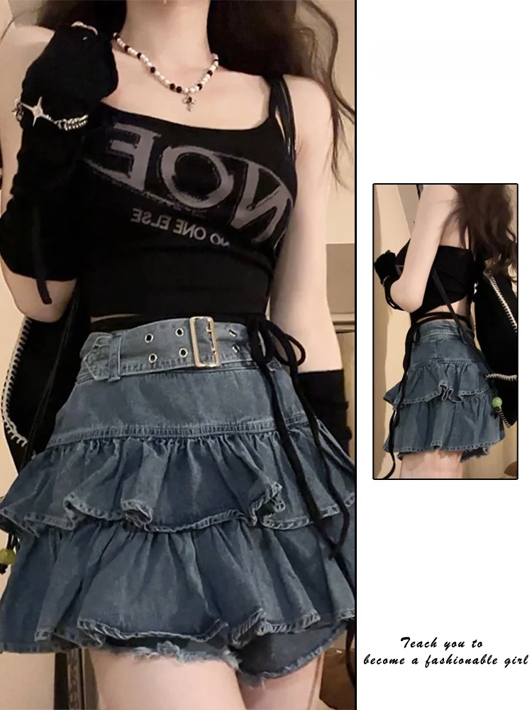 Y2K Spicy Girl Pure Desire Lace Trim Denim  Skirt Women's Summer 2026 New High Waist Slimming Pleated Short Skirt