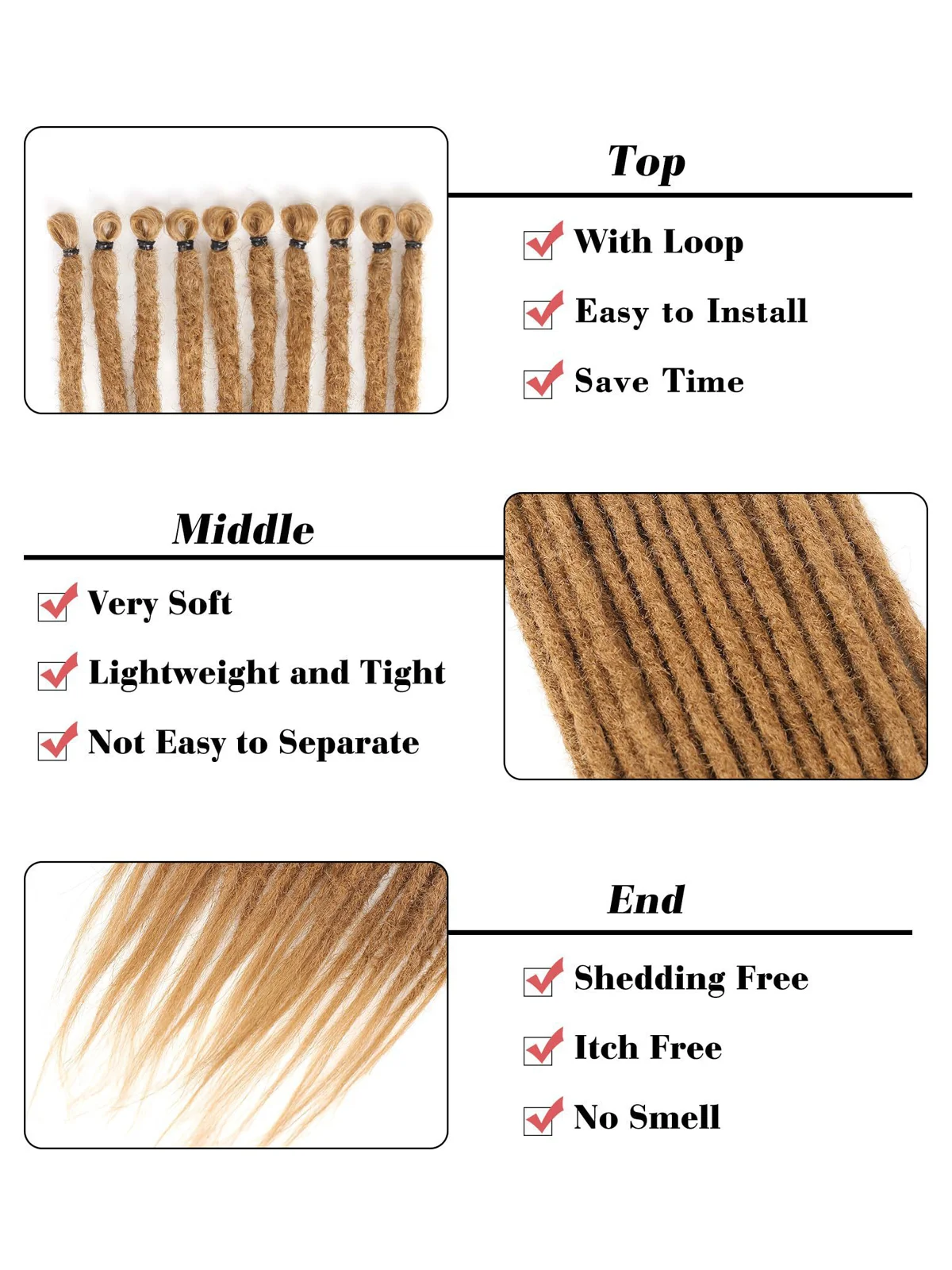24" Straight Dreadlocks Clip-in Extensions | 10 Strands | Thin & Soft Synthetic Hair | Natural Look | Easy to Install