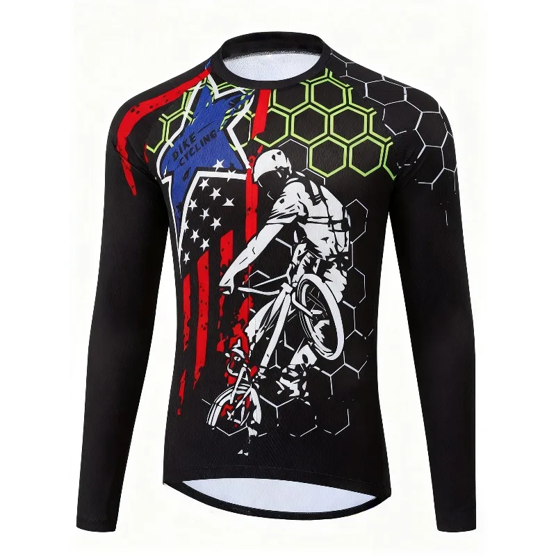 

American-style Stars and Stripes + Honeycomb Pattern, Eye-Catching 3D Printed Breathable Quick-Dry BMX Cycling Long Sleeve