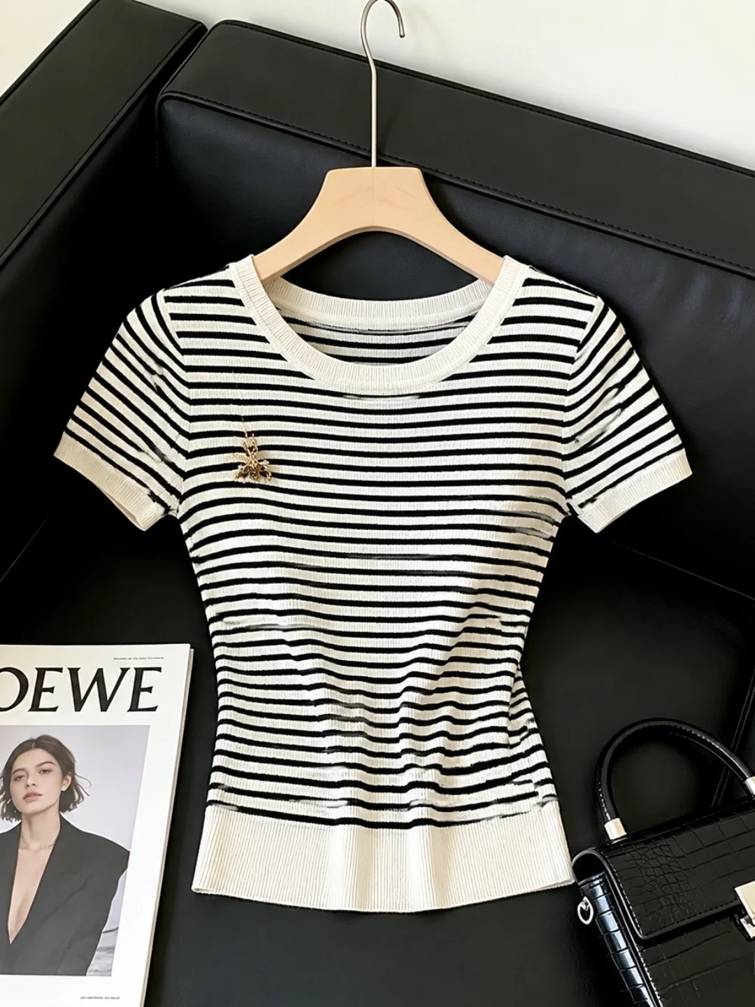 Summer Ice Silk Knitted Stripe Color Block Design Simple Top Women's Fashion Commute Style Slim Fit Short Sleeve round Neck