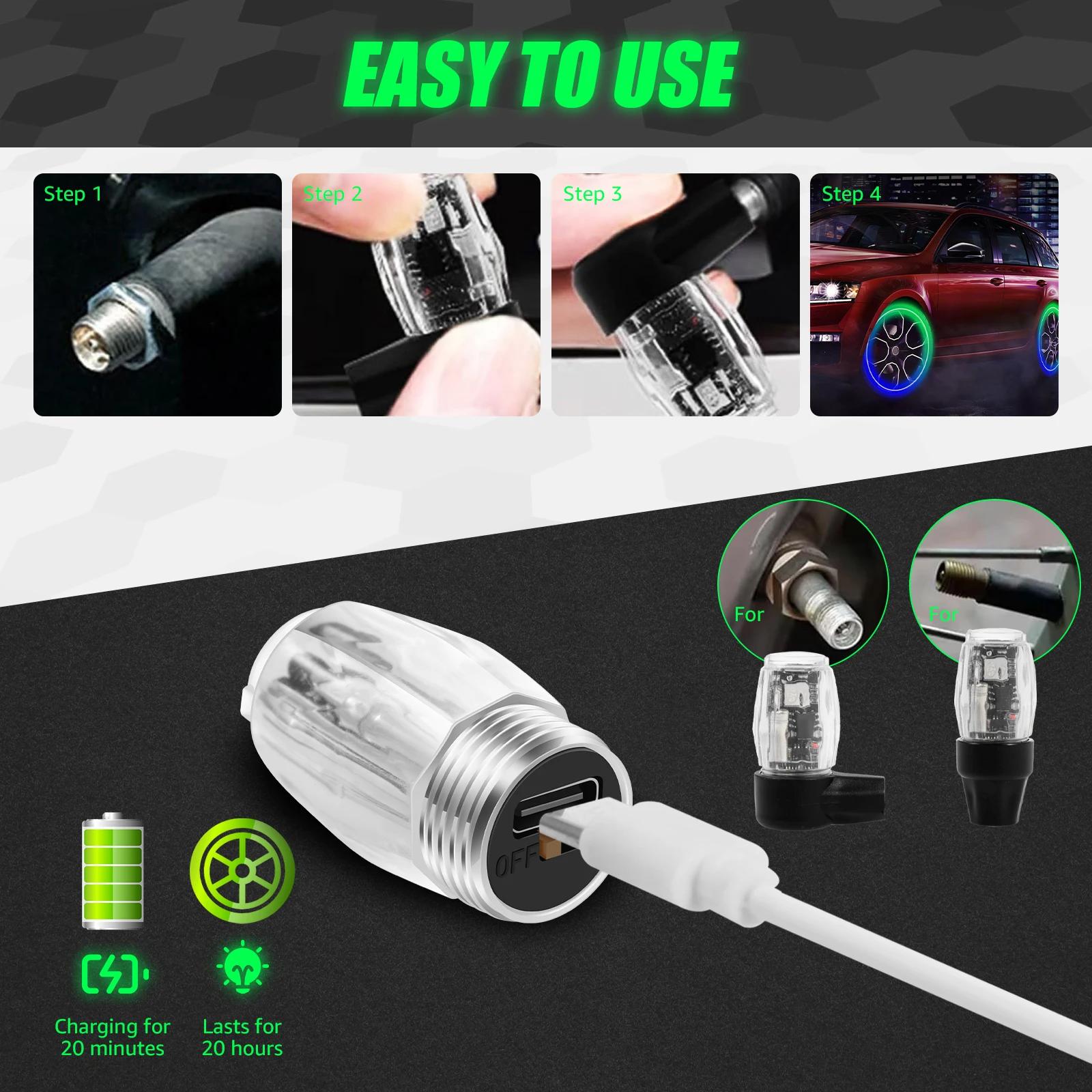 4Pcs Luminous Tire Valve Caps Hub LED Decor Lights 6 Lighting Modes Glowing Caps Waterproof with Motion Sensors Smart on and off