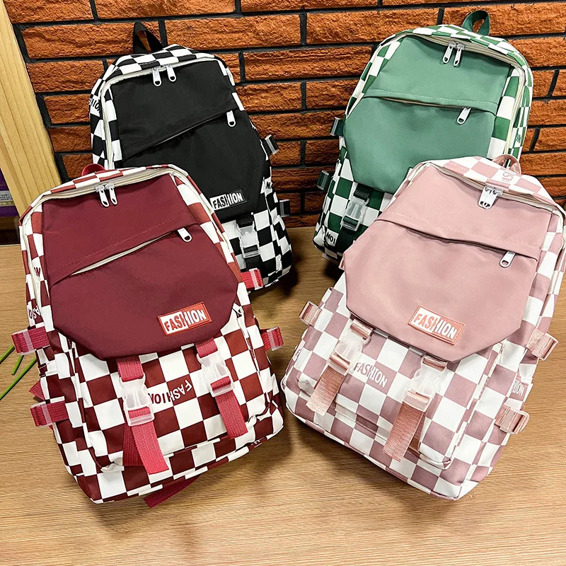 Checkered Backpack for Teens, Large-Capacity Nylon School Backpack with Multiple Pockets, Casual Daypack for Students