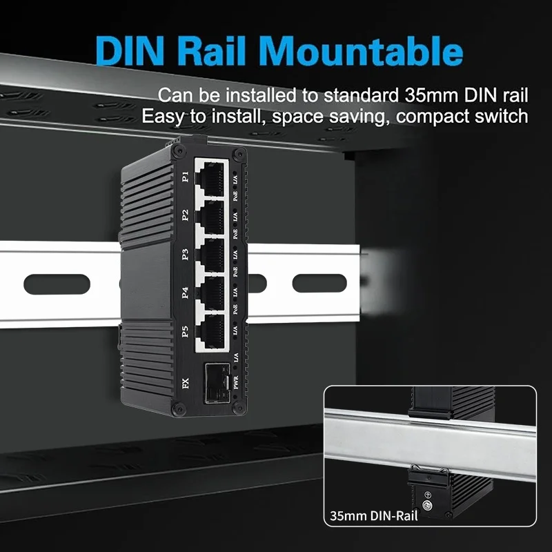 Mini Industrial 1 SFP 5 Port Gigabit PoE Switch, 9-56VDC Wide Voltage DIN-Rail Mount, 5xRJ45 10/100/1000Mbps  Ethernet Switch