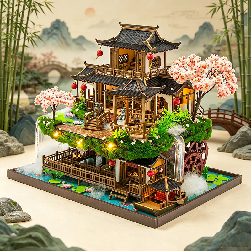 Chinese Style Courtyard DIY Dollhouse Kit Wooden Assembly with LED Lights Ancient Waterwheel Design Desktop Decor Handcraft Gift