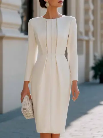 Elegant Ladies Round Neck Pleated Front Midi Pencil Dress Long Sleeve Business Formal Dress