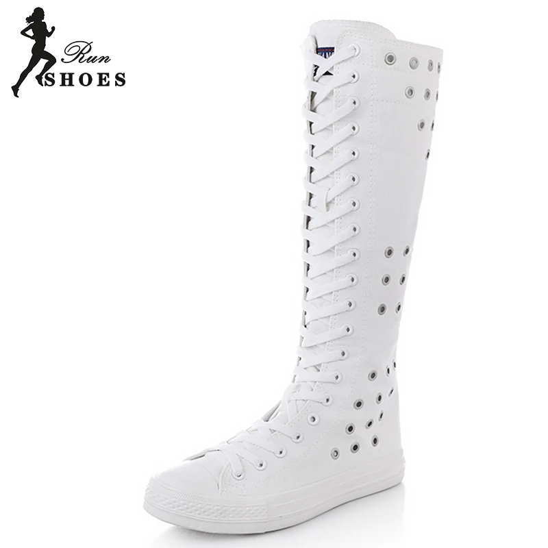 Women Shoes Casual High Top Hollow Out Riser Vent Shoes Cheerleaders Dance Long Lace-Up Zipper Canvas Round Toe Sneakers Boots