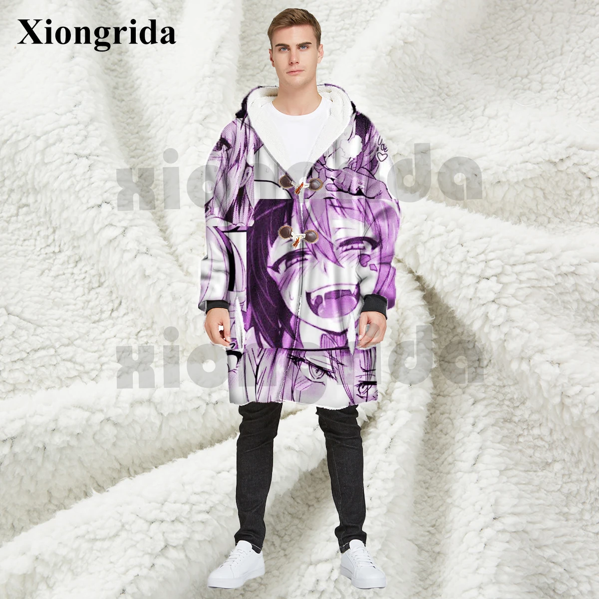 Sexy Anime Thick Warm Cloak for Men Ahegao Hentai Warm Hooded Poncho Unisex Punk Jacket Hoodies Long Overcoat S-5XL