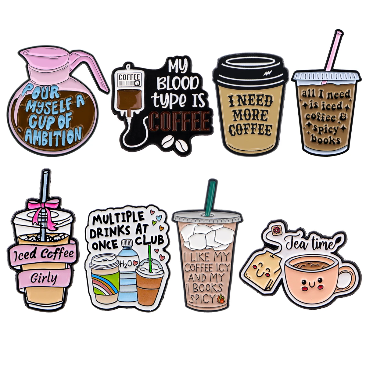 Mix 8 teile/satz Kaffee Serie Emaille Pin Zitate Metall Brosche Rucksack Kragen Revers Abzeichen Männer Frauen Mode Schmuck Sammlung Geschenk