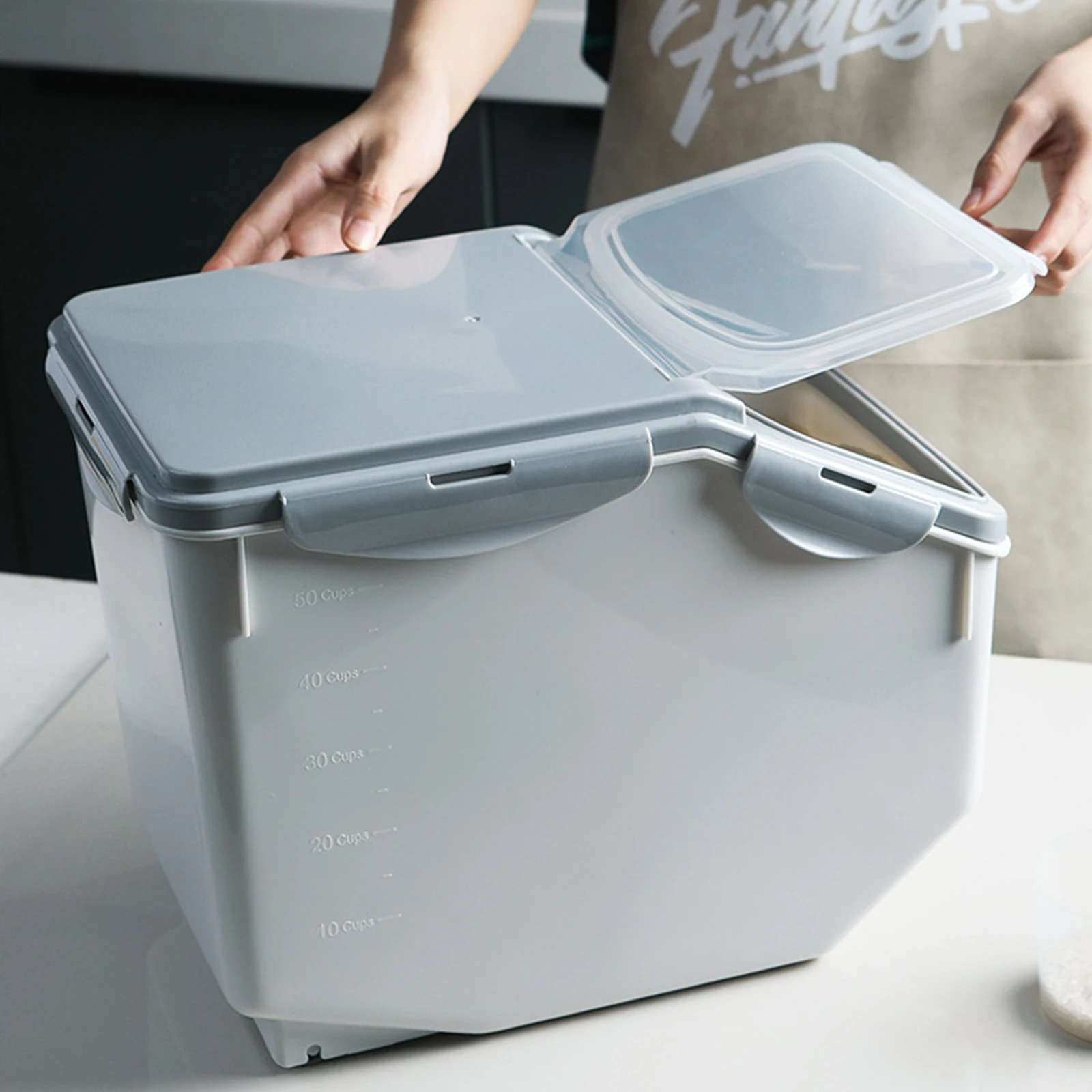 

Rice Storage Bucket Sealed 6 Buckle Moistureproof Food Containers Cylinder Grey Kitchen Box Dry Snacks Oatmeal Scale Measuring