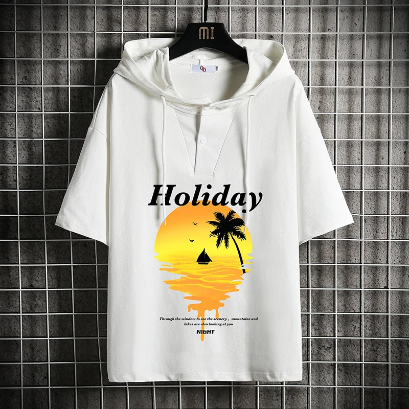 Cotton Hooded T Shirt Men's Summer Half Sleeve Pullover Tops Loose T-Shirts Hip Hop Streetwear Plus Size Drawstring Tees Clothes