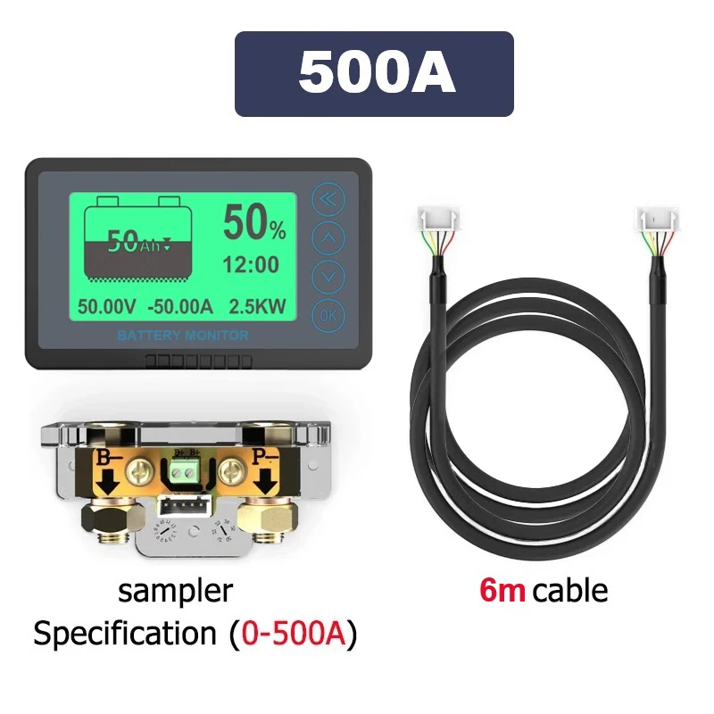 500A Battery Coulometer Battery Capacity Tester, Battery Monitor with shunt, programmable high and low voltage alarm. Compatible