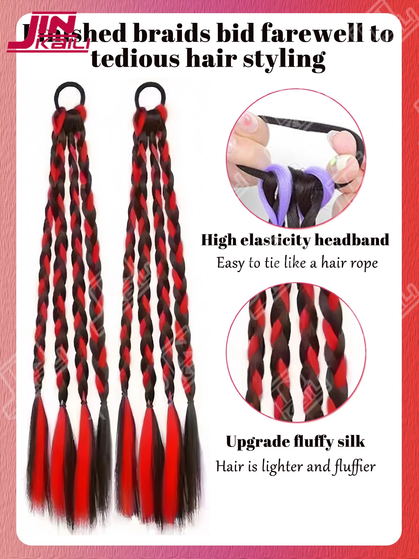 JKL Red/Green/Pink Extra Long Braided Ponytail Synthetic Hair Extension With Hair Tie Natural Straight Braid Ponytail Extensions